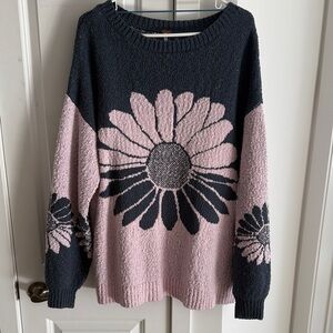 Free People Pink and Dark Blue Floral Sweater
